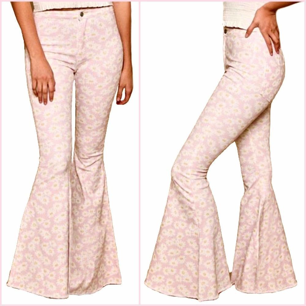 Pink Daisy Floral Bell Bottom Jeans- sku: 9152